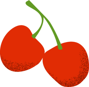 Two bright red cherries with green stems, joined together; the cherries have a speckled texture near the bottom. The background is white.