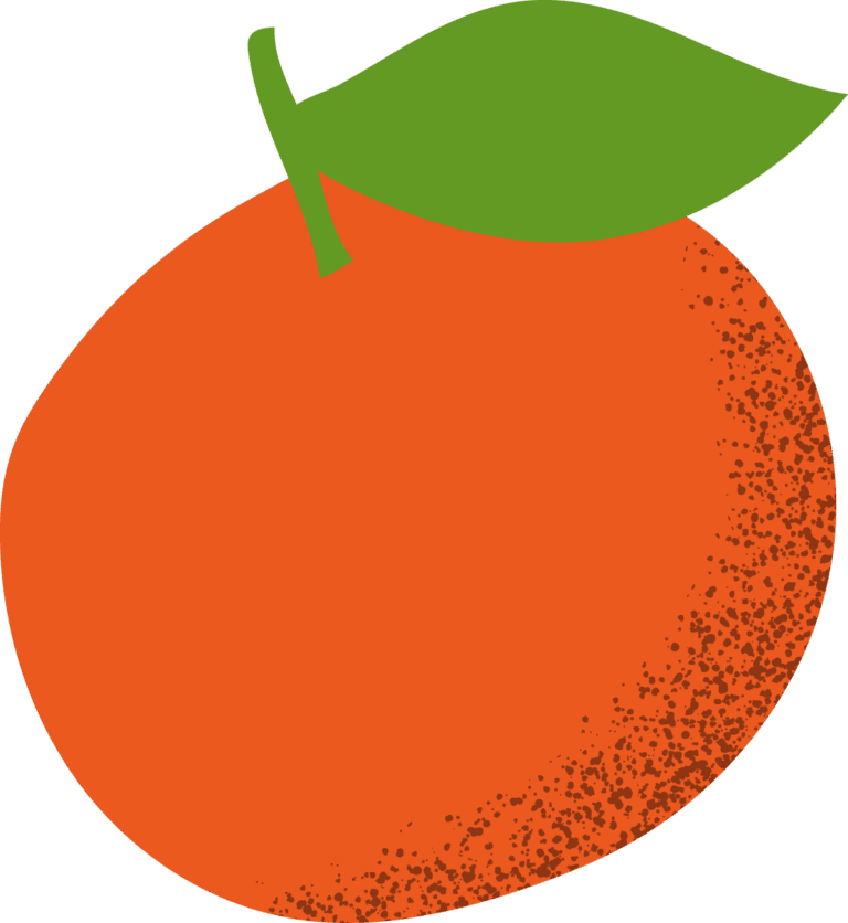 A simple illustration of an orange fruit with a green leaf, featuring a textured area of small brown dots on the lower right side.