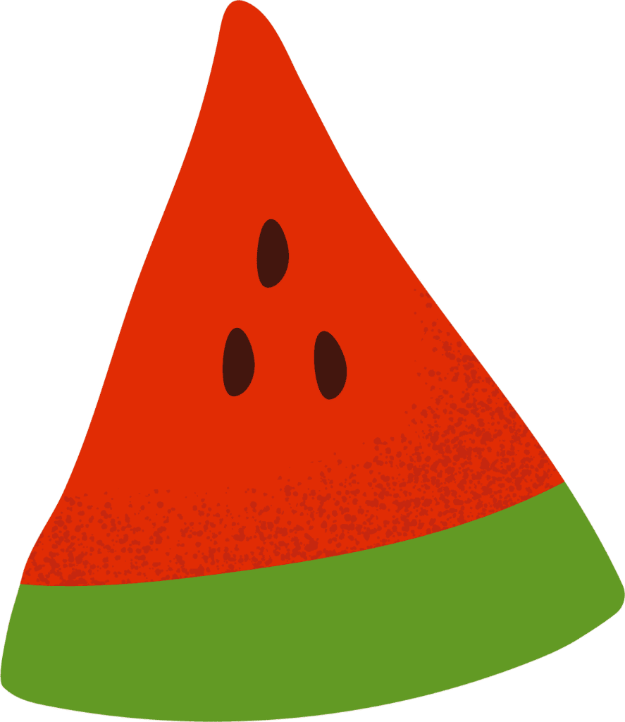 Illustration of a triangular watermelon slice with a green rind, red flesh, and three black seeds in the center.